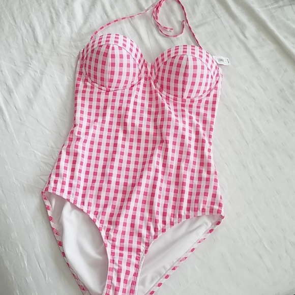 pink and white checkered swimsuit